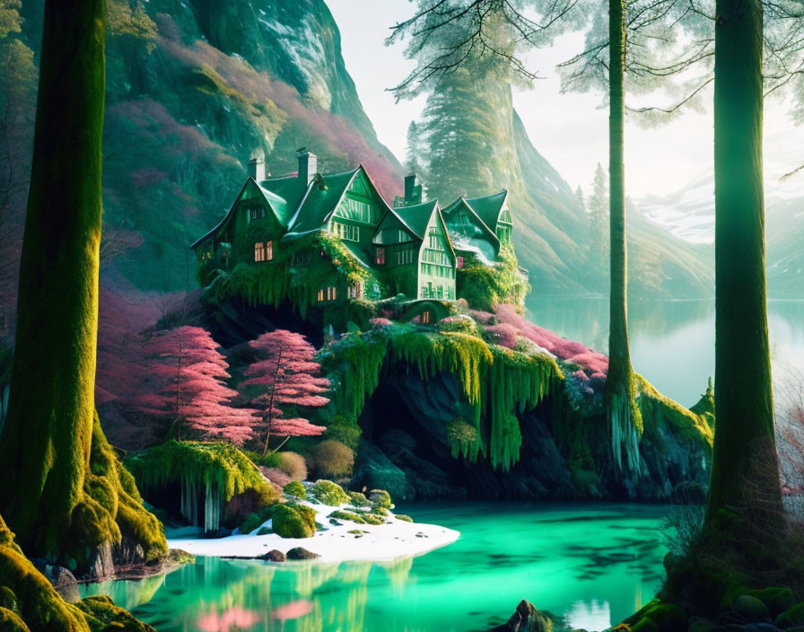 Green house with multiple roofs on lush cliff by turquoise lake and pink flora.