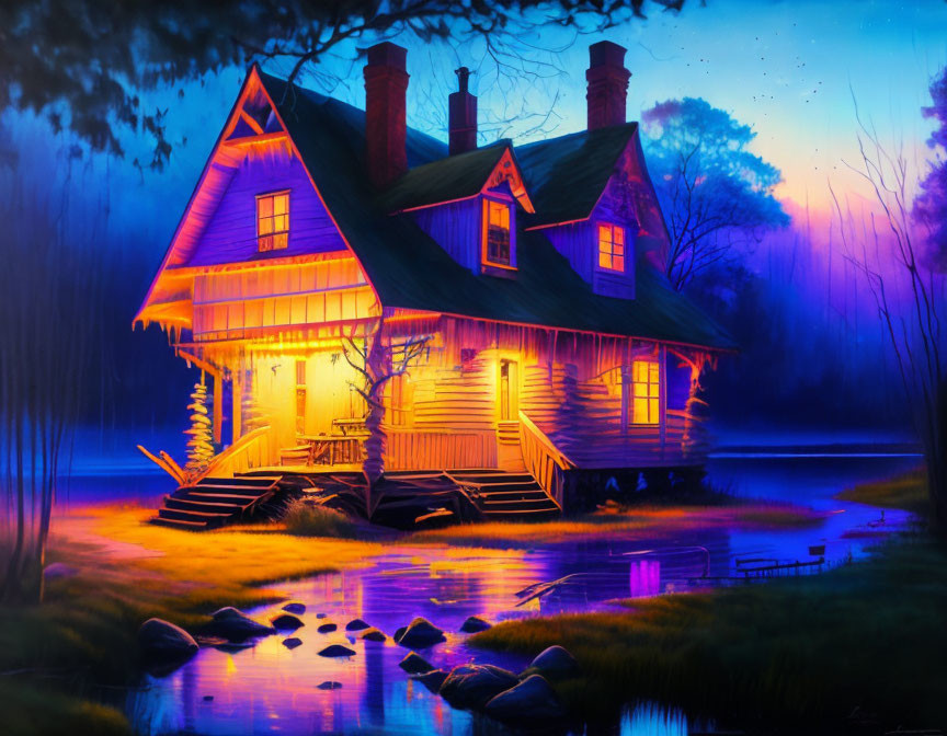 Twilight scene of wooden house by river in forest under starry sky