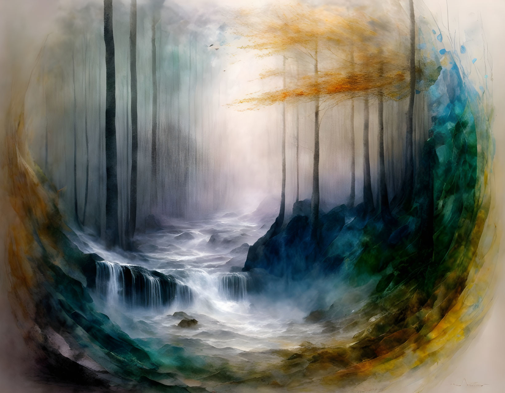 Circular forest painting with waterfall and misty trees in autumnal colors blending with blue and green strokes.