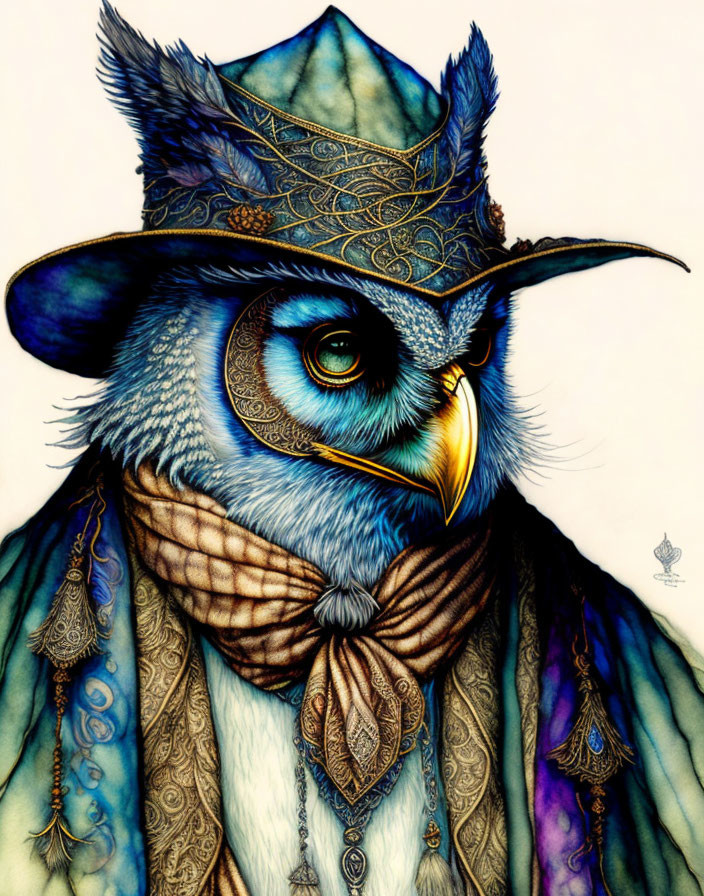 Detailed anthropomorphic owl illustration with regal attire