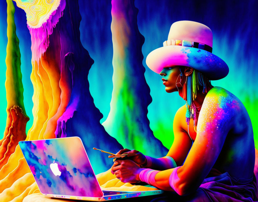 Colorful Skin Person Working on Laptop in Psychedelic Nature