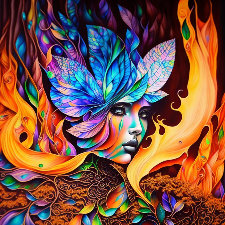 Colorful Psychedelic Art: Woman's Face with Leaf-like Wings and Swirling Flames