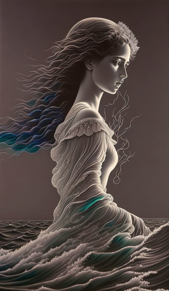 Stylized grayscale profile illustration of a woman with flowing hair and waves in subtle blue tones