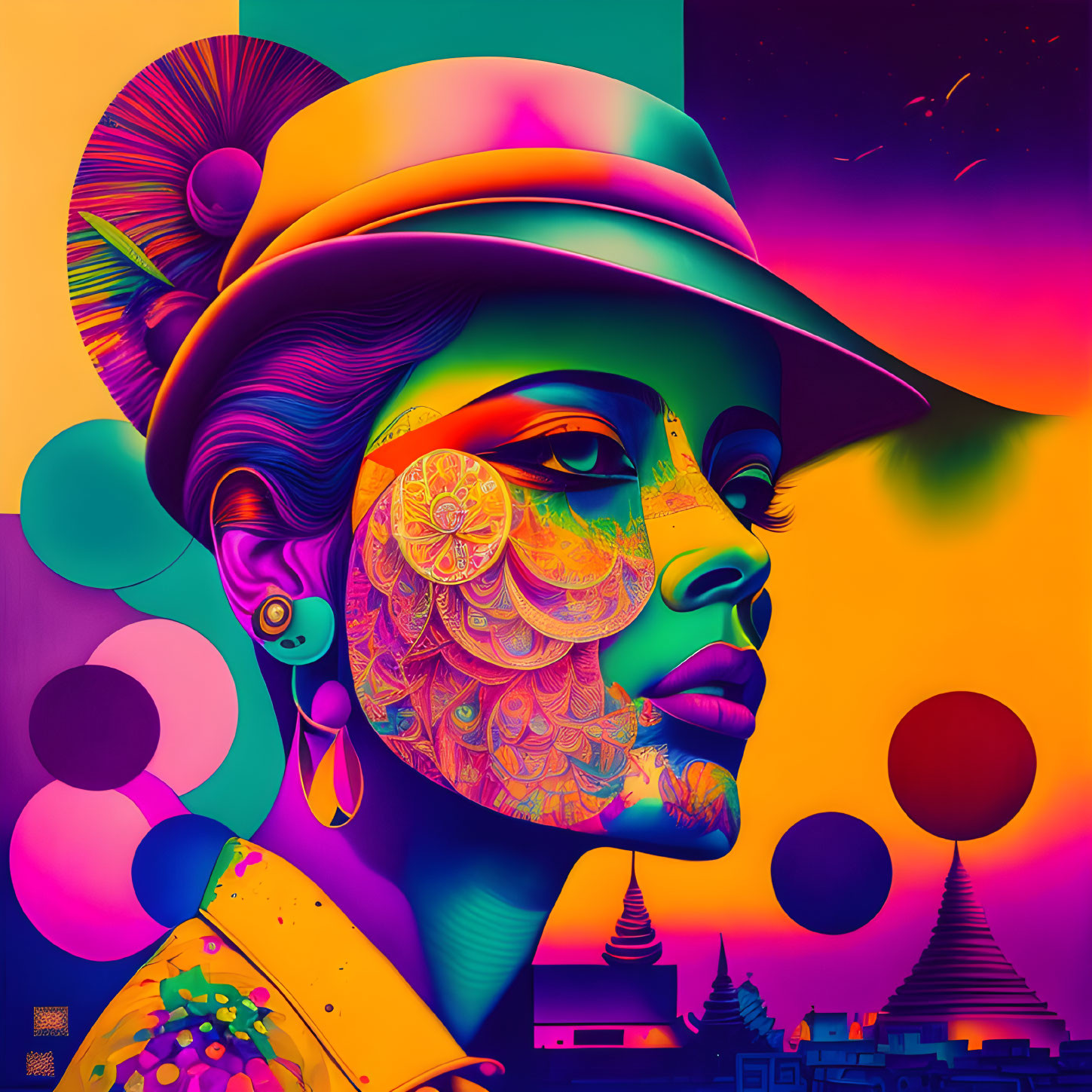 Colorful digital art: woman with intricate facial patterns, mandala designs, hat, abstract background,