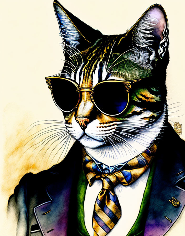 Illustration of a cat in human attire with sunglasses and tie