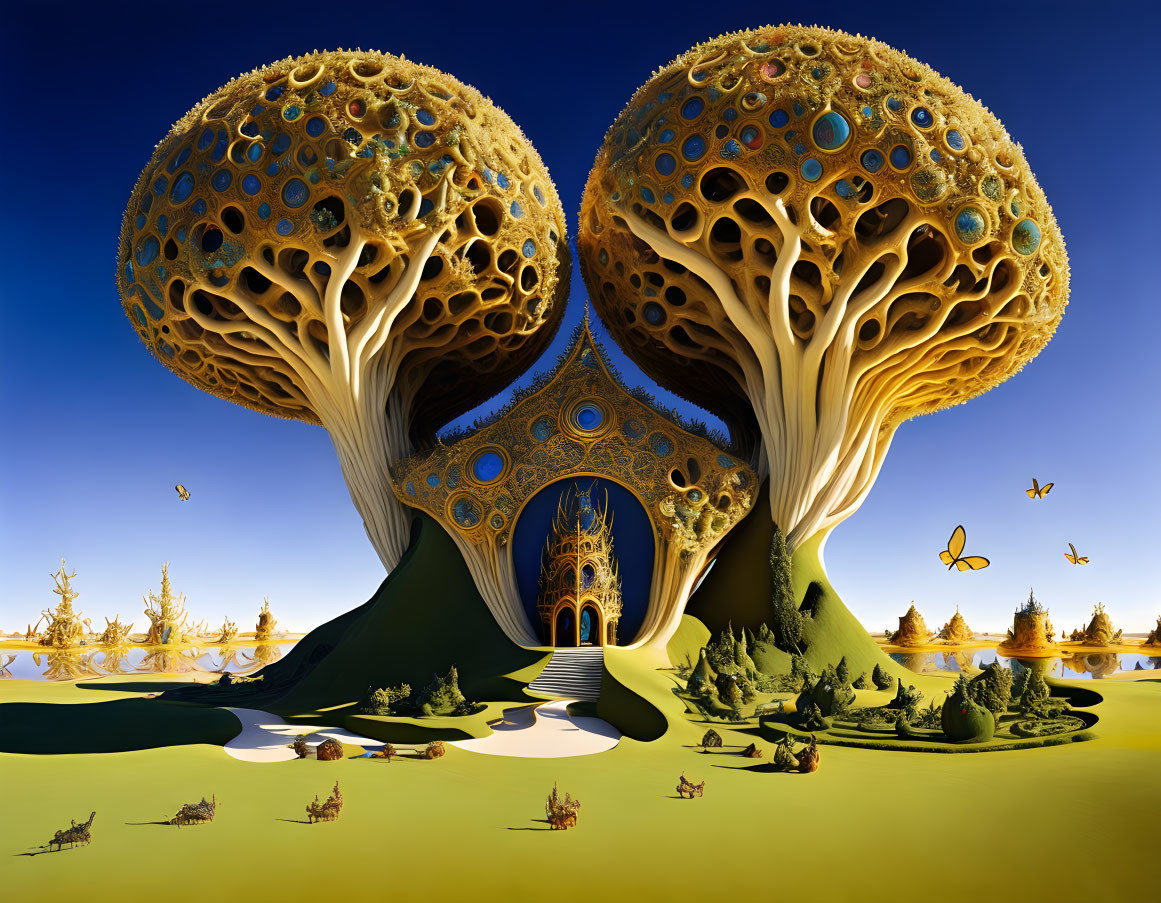 Surreal landscape with tree-like structures and butterflies under blue sky