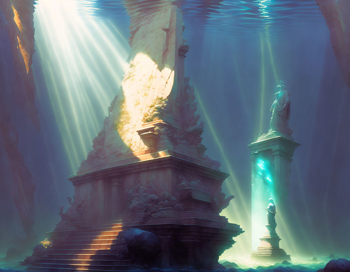 Sunlit underwater scene with ancient ruins, statue, and serene blue glow