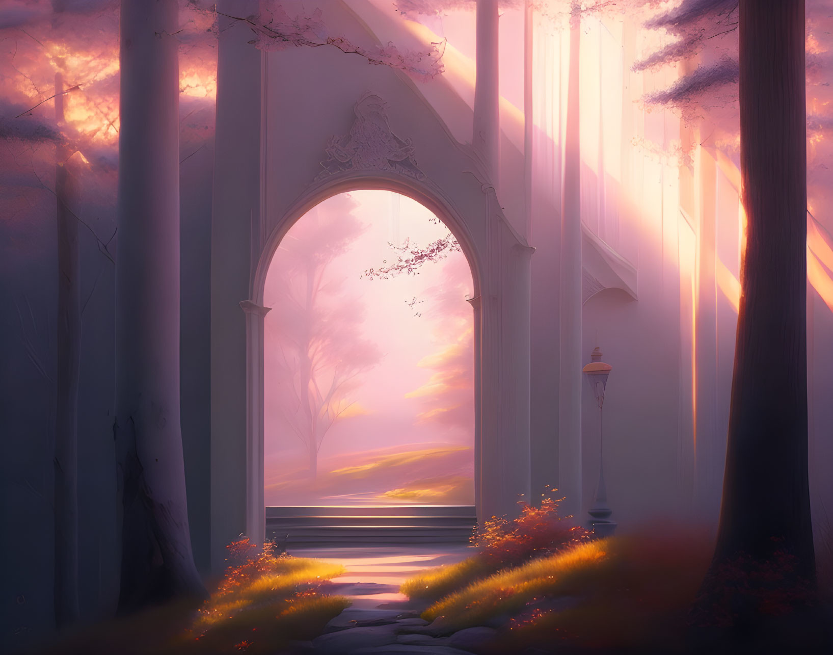 Ethereal forest sunrise with sunbeams through trees and ornate gateway