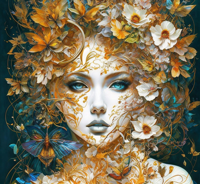 Fantasy portrait of woman with floral hair decorations and butterfly.