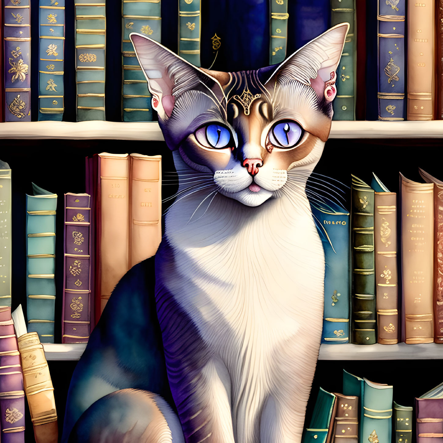 Blue-eyed cat in front of vibrant bookshelf