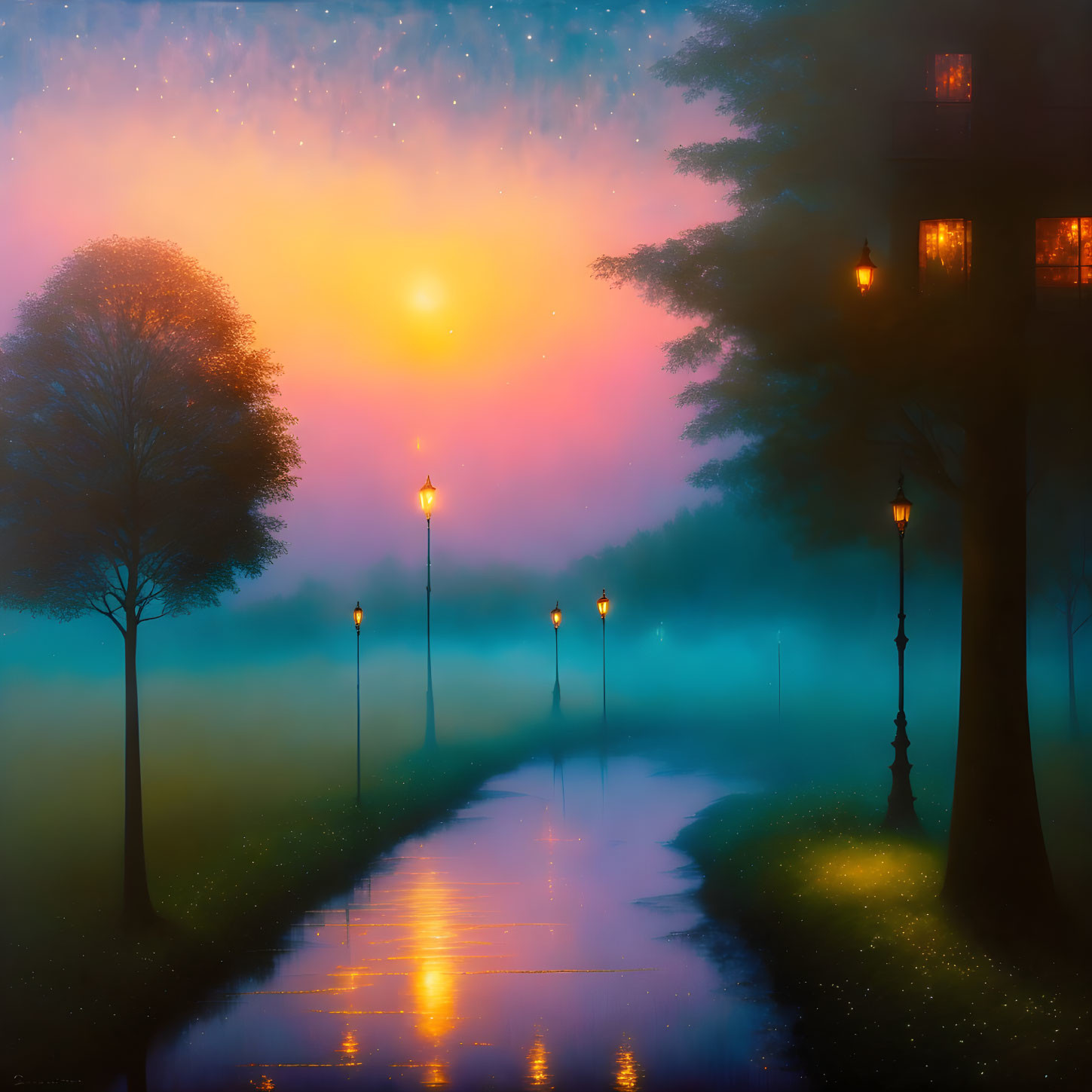 Tranquil twilight landscape with lamp-lit pathway, mist, trees, building, and colorful sky