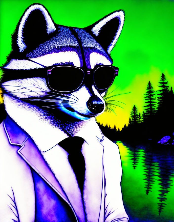 Stylized raccoon in sunglasses and suit against neon backdrop