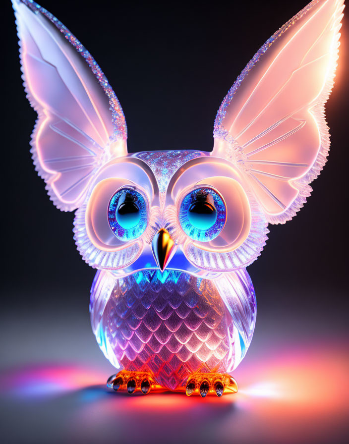 Translucent glowing owl with radiant wings and luminous eyes on neon gradient.