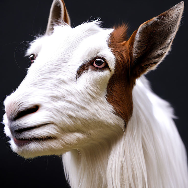 Detailed Close-up of White and Brown Fur Goat on Black Background