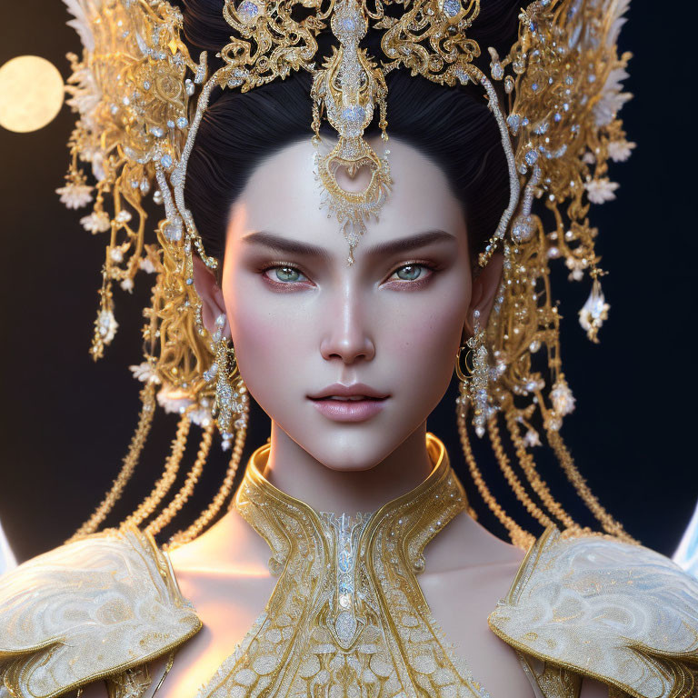 Elaborate Gold Headdress and Jewelry on Woman Portrait