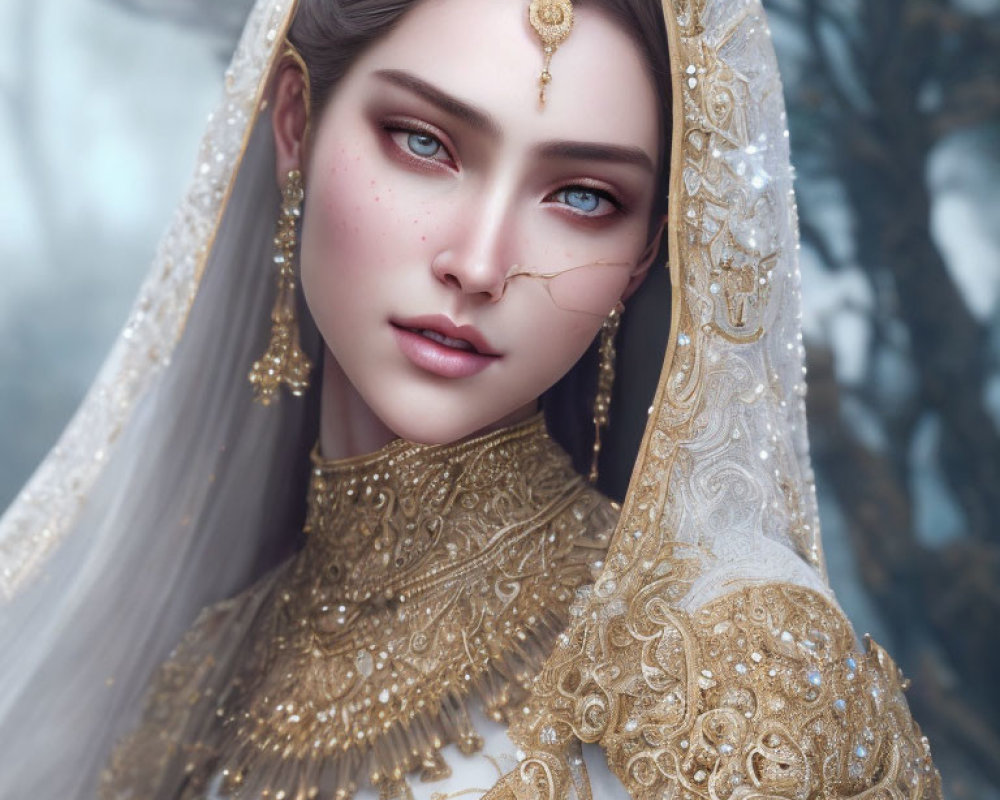 Regal woman with blue eyes in gold veil and jewelry