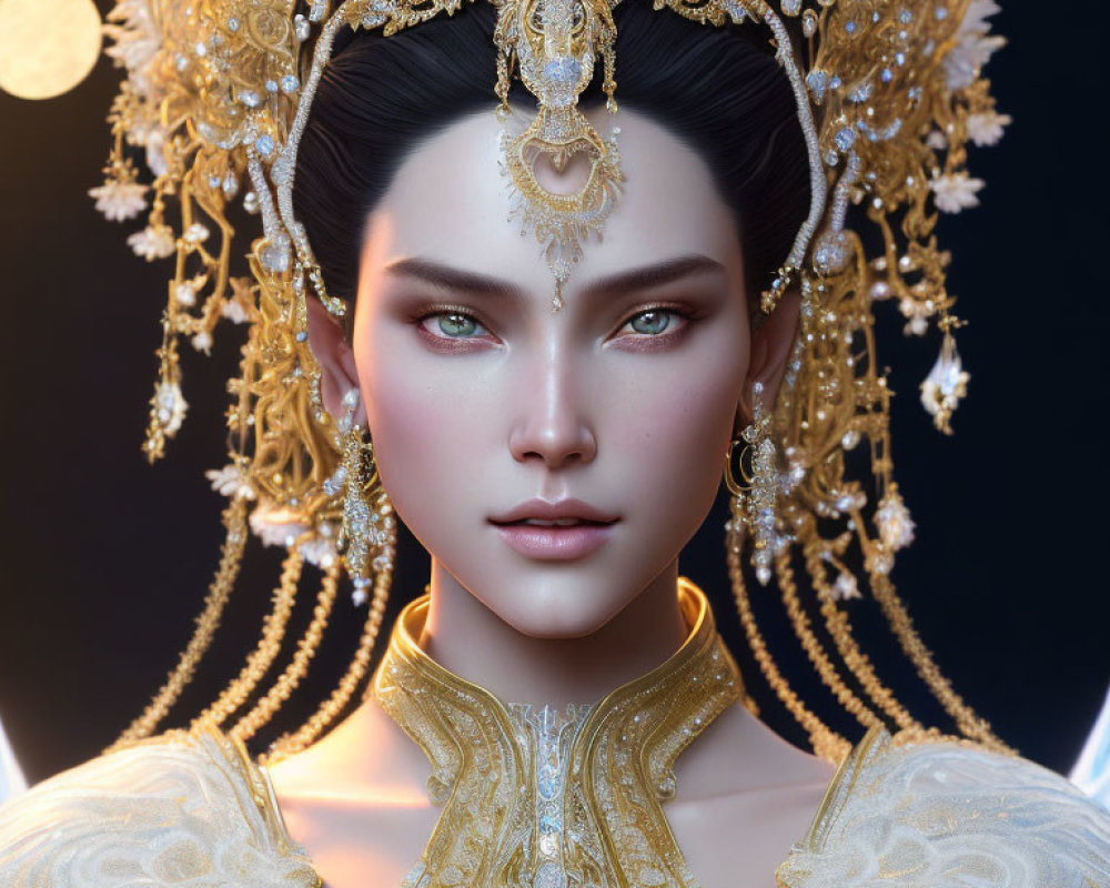 Elaborate Gold Headdress and Jewelry on Woman Portrait