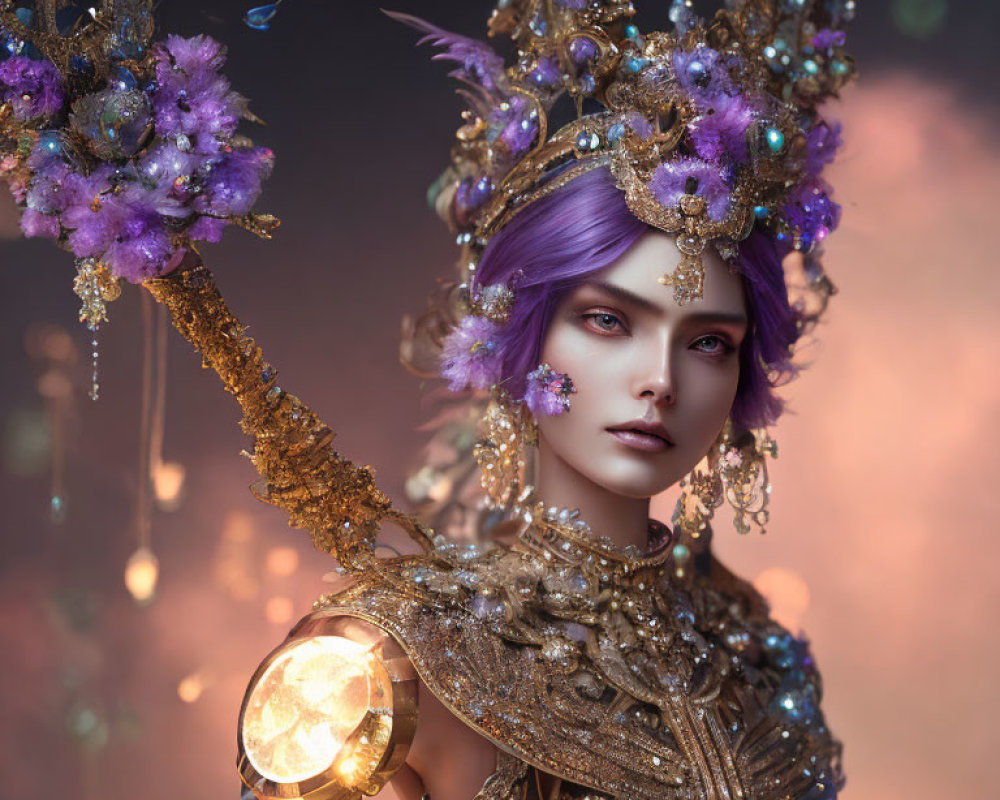 Regal figure in ornate golden armor with purple hair and glowing scepter