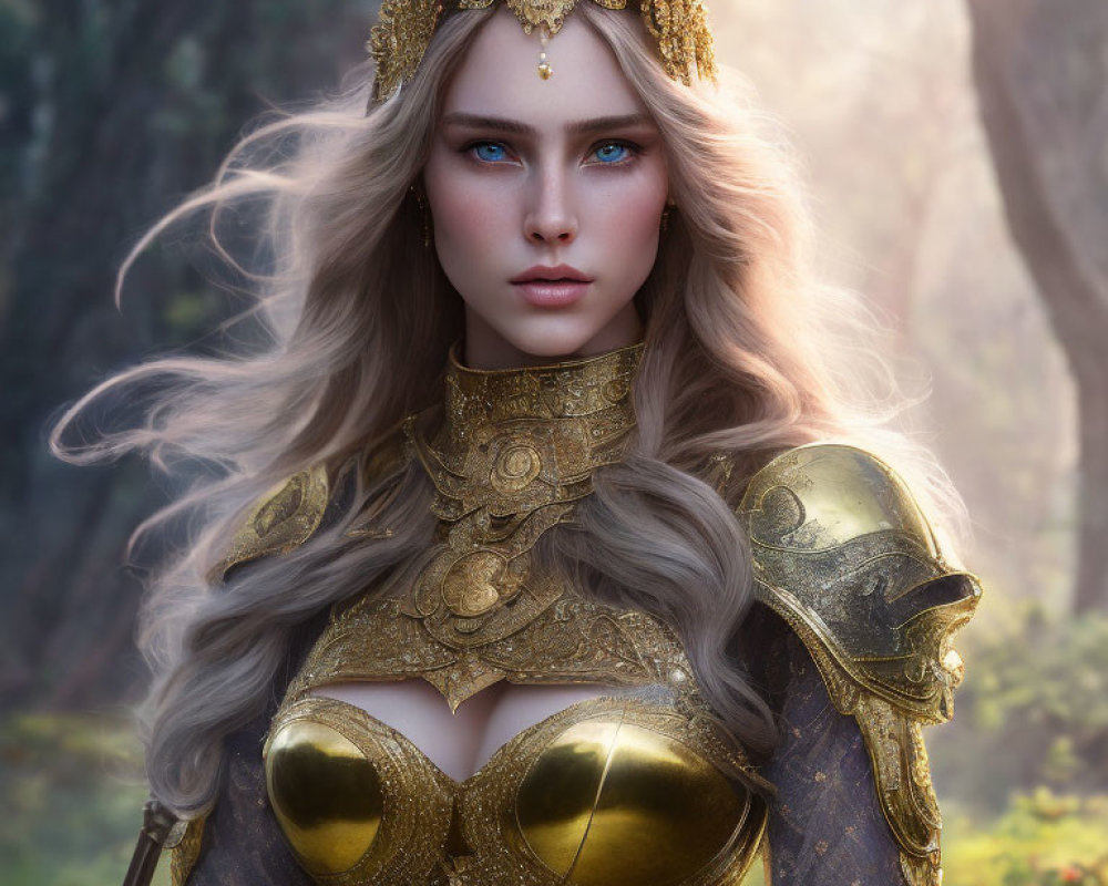 Fantasy digital artwork of a woman in golden armor in a mystical forest