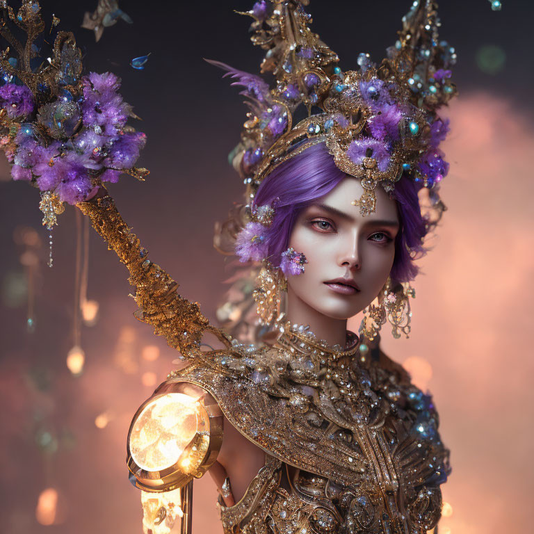 Regal figure in ornate golden armor with purple hair and glowing scepter