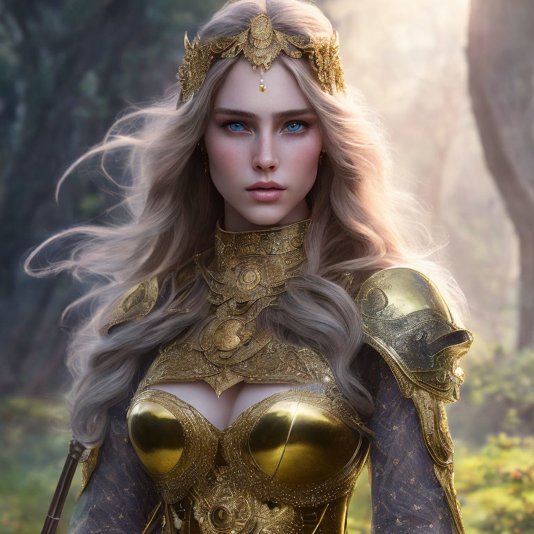 Fantasy digital artwork of a woman in golden armor in a mystical forest