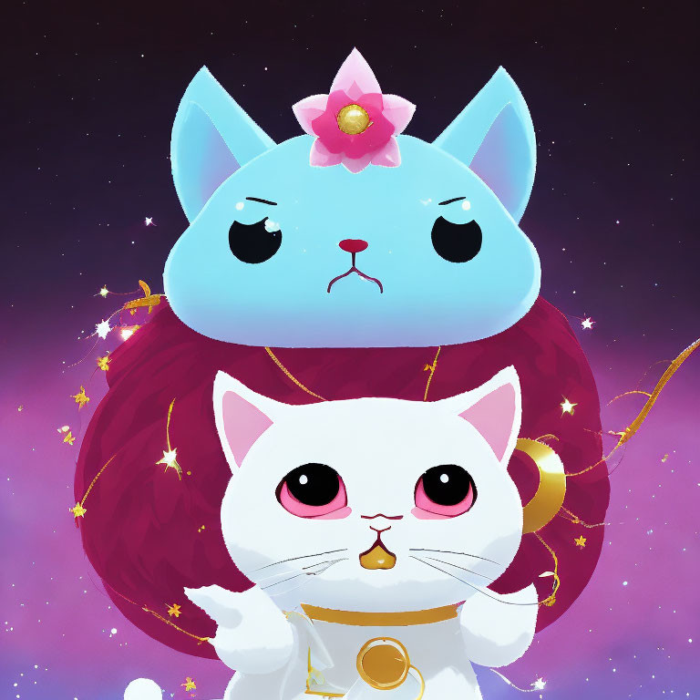 Stylized cute cartoon cats with large eyes on starry background