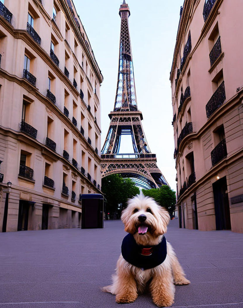 Fluffy dog in harness on pathway with Eiffel Tower in background