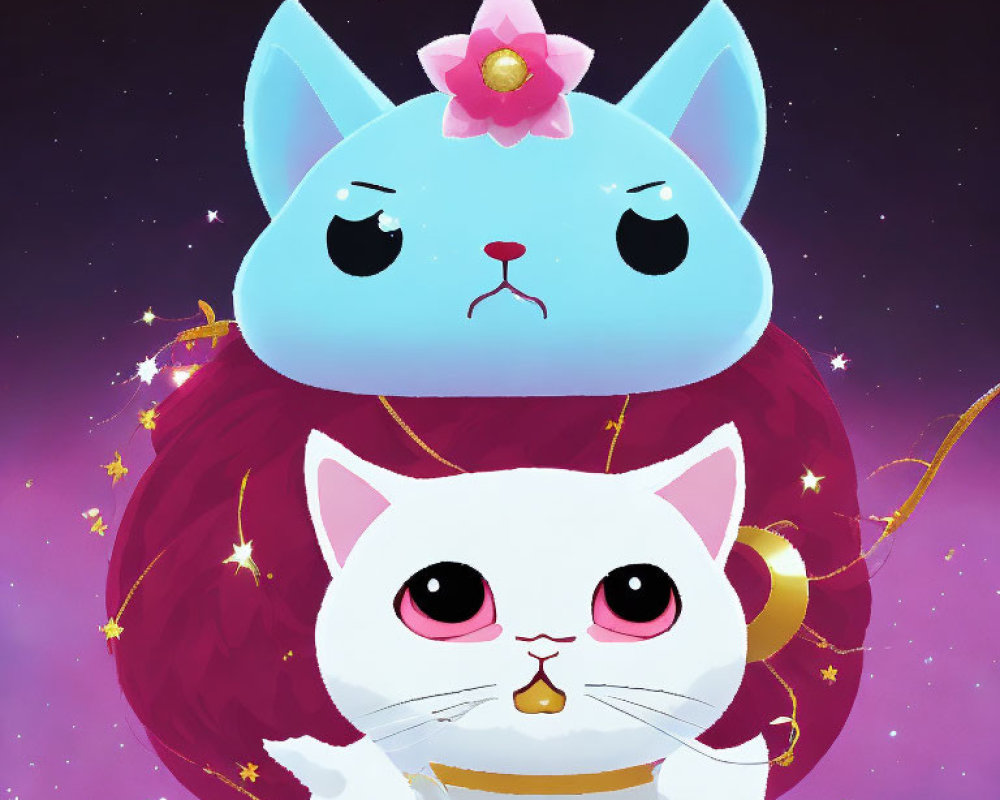 Stylized cute cartoon cats with large eyes on starry background