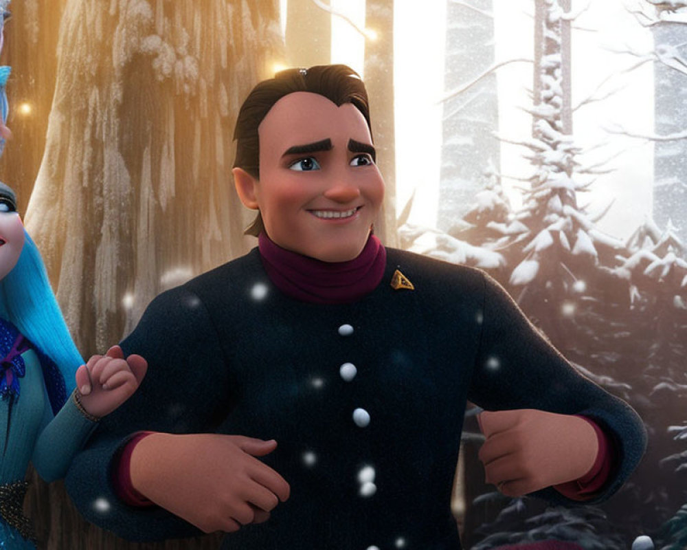 Winter-themed animated male character with black coat and triangular badge, smiling in snowy setting.