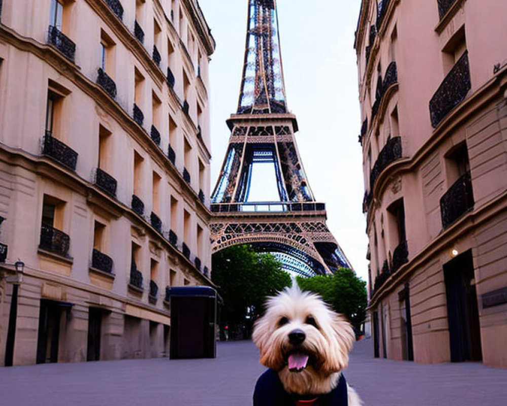 Fluffy dog in harness on pathway with Eiffel Tower in background