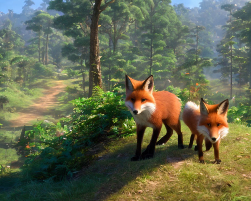 Sunlit forest clearing with two foxes and pine trees