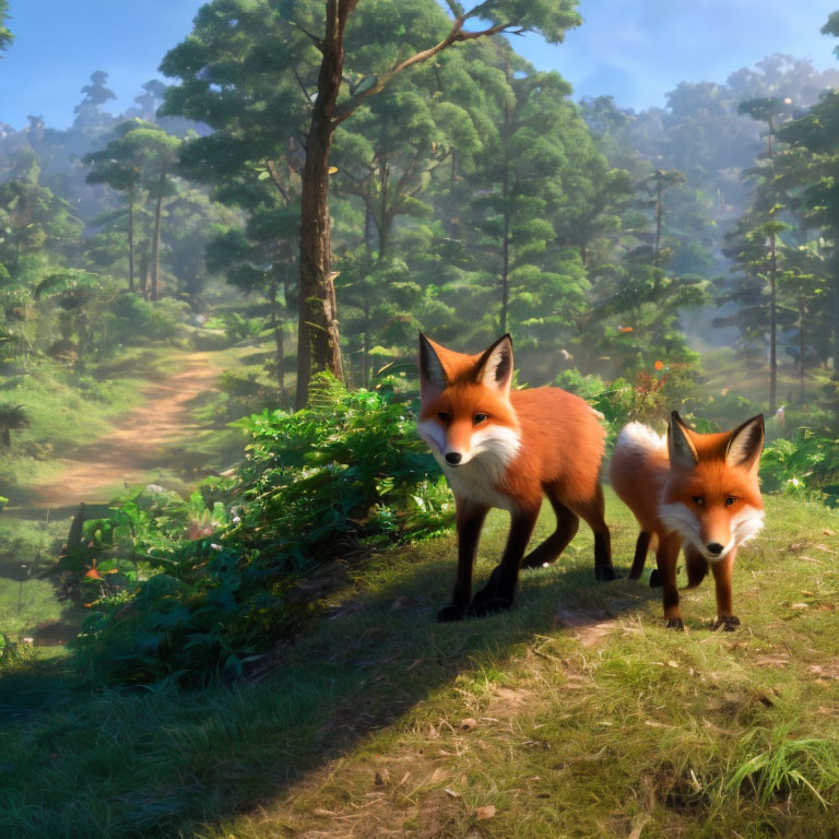 Sunlit forest clearing with two foxes and pine trees