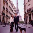 Fluffy dog in harness on pathway with Eiffel Tower in background