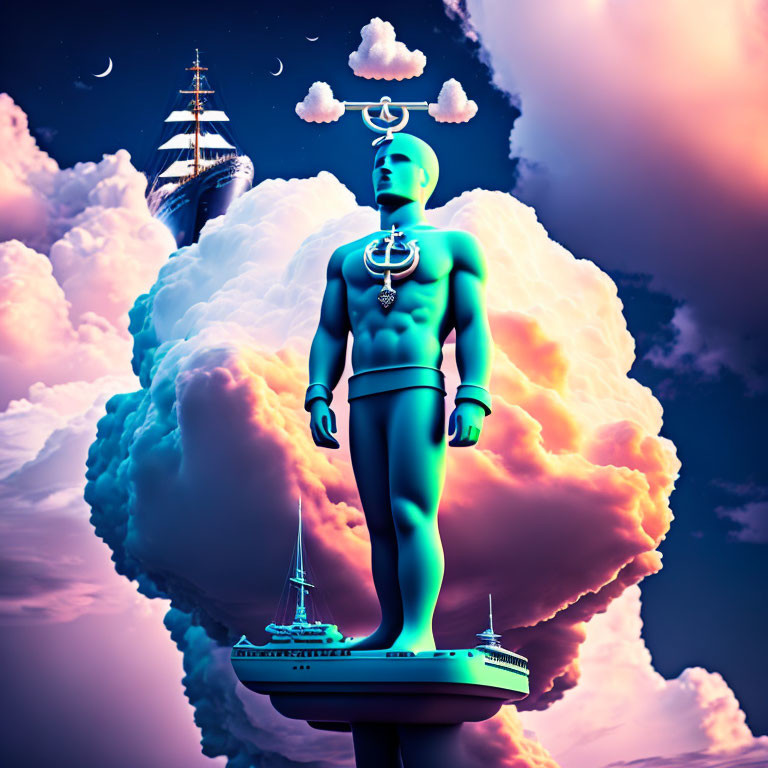 Blue mannequin on ship with cloud shoulders in moonlit sky