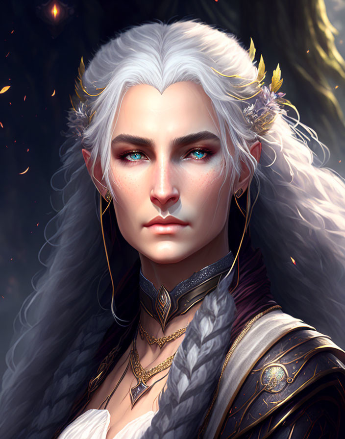 Ethereal being with white hair, blue eyes, golden jewelry, crown of leaves