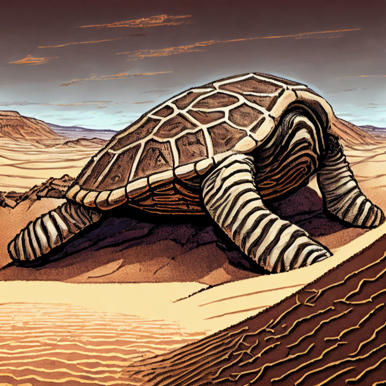 Stylized drawing of tortoise with zebra-striped legs in desert landscape