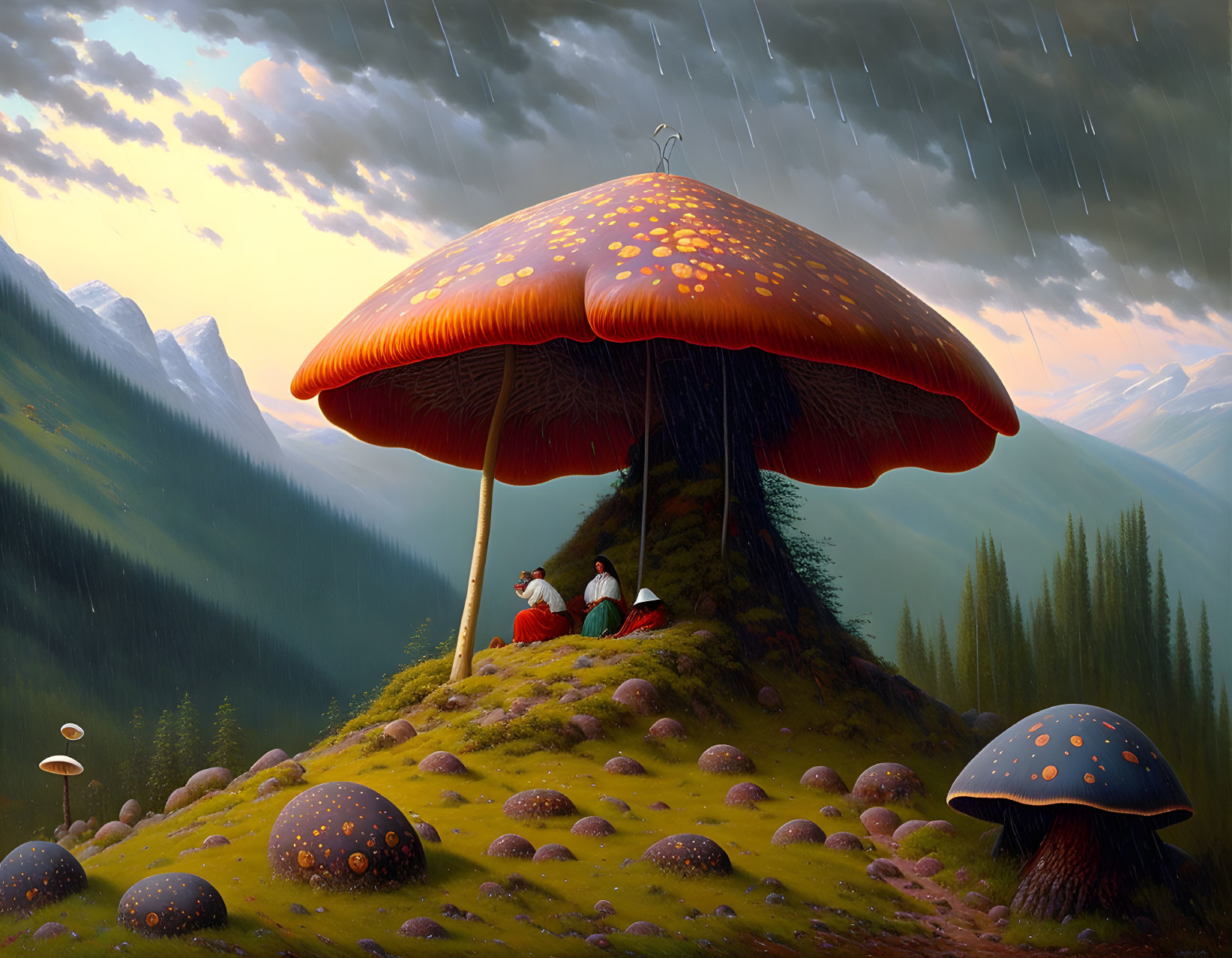 Two people seek shelter under giant mushroom in fantastical landscape