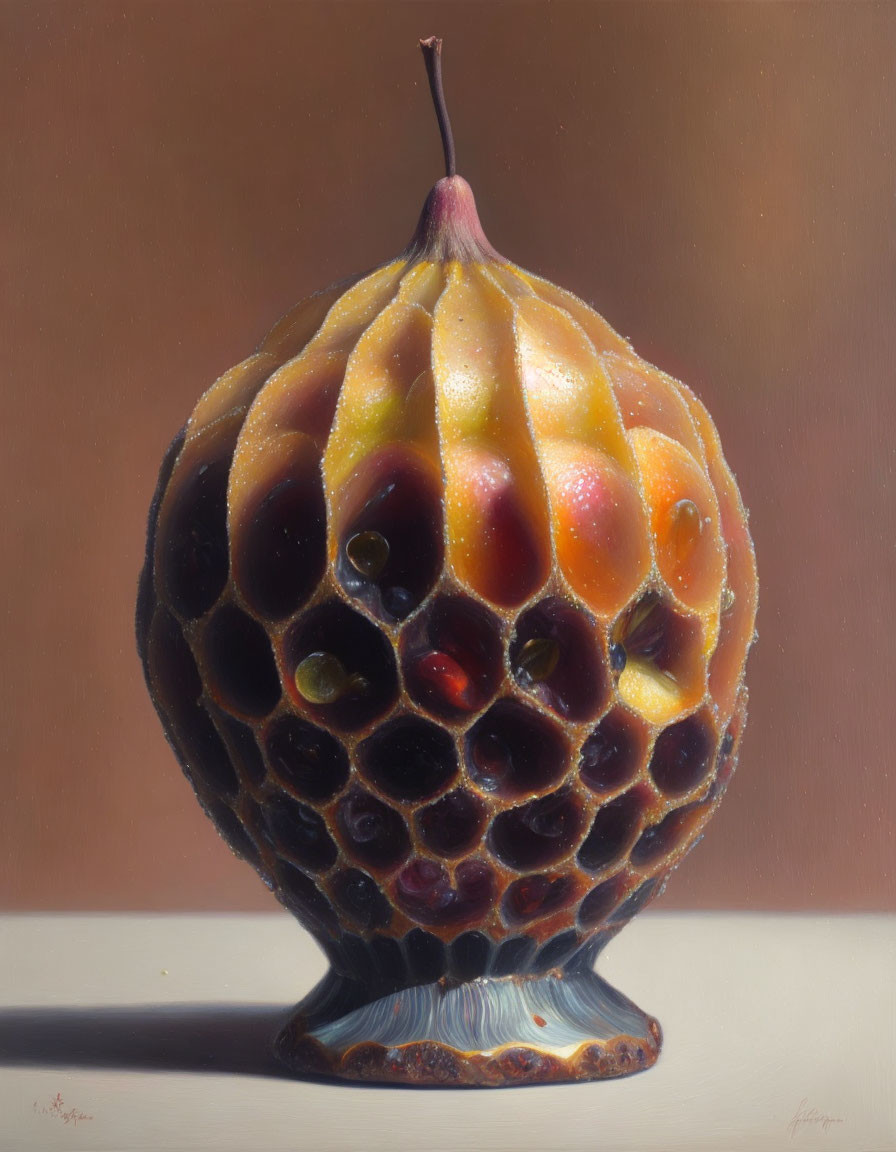 Hyperrealistic oil painting of a partially peeled fig with honeycomb texture on brown gradient background, signed