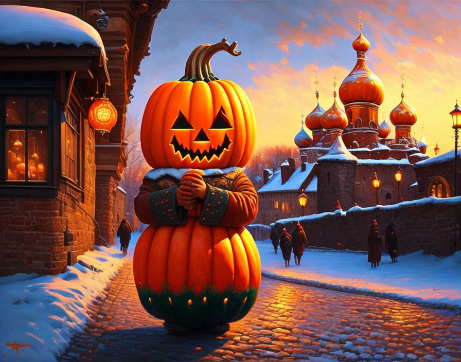 Personified pumpkin painting on snow-covered street at dusk