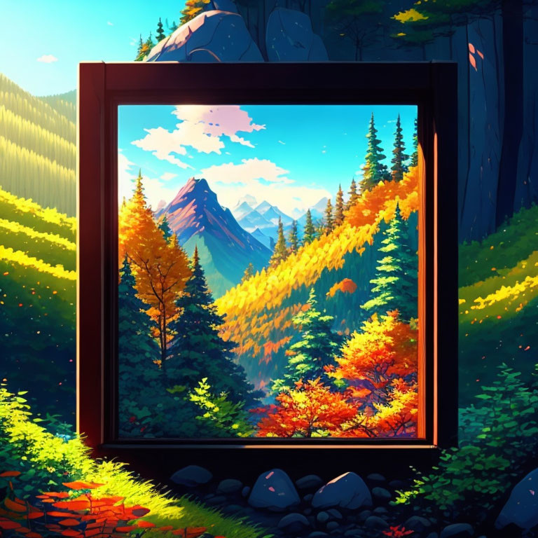 Colorful autumn forest scene with mountain view through window frame