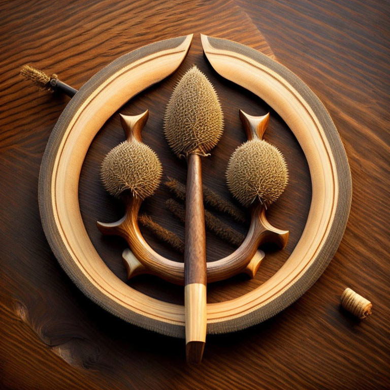 Artistic arrangement: Three spherical pods, wooden mallet, circular frame on wooden base