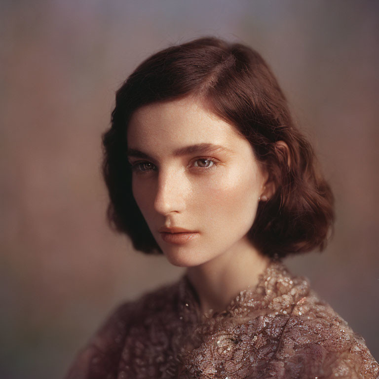 Portrait of Woman with Short Brown Hair in Lace Garment