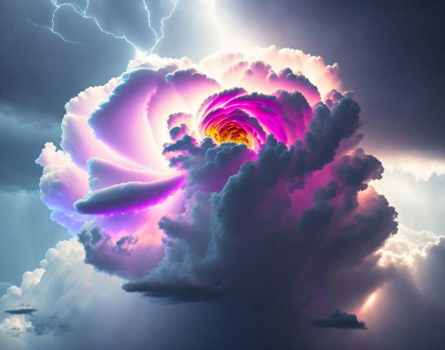 Surreal thunderous cloud formation with glowing orange eye and lightning bolts