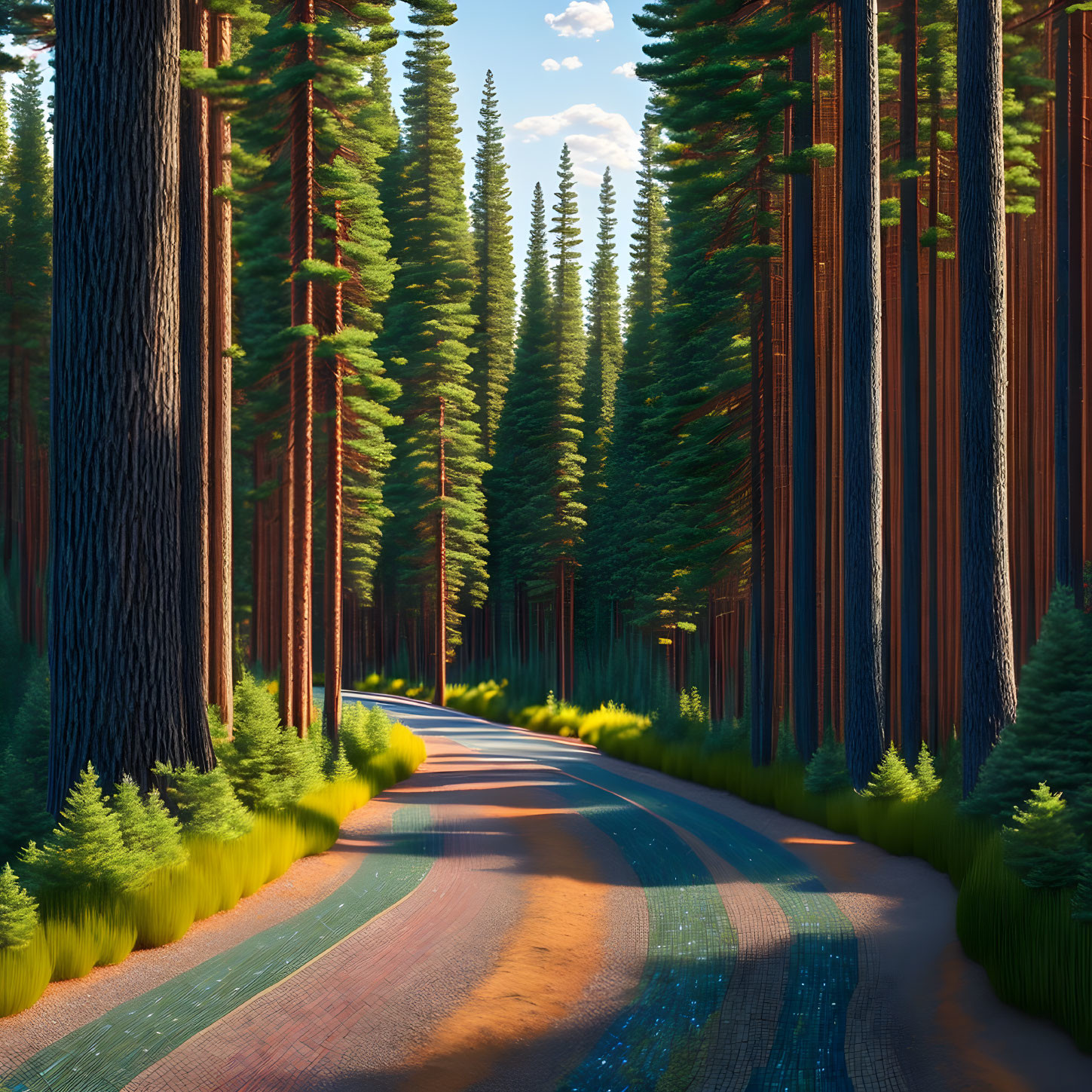 Forest road surrounded by tall trees and sunlight shadows