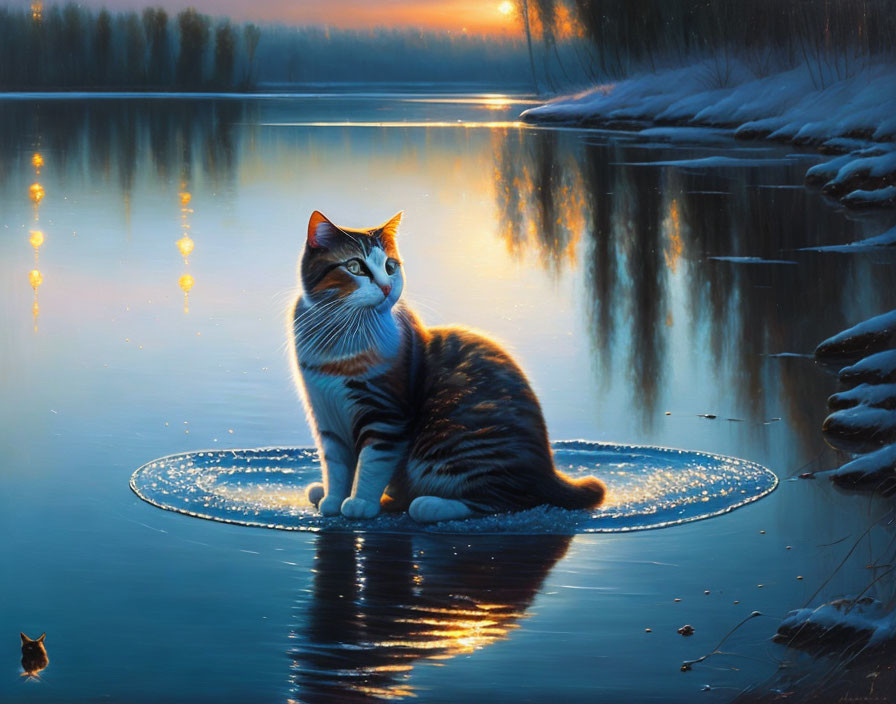 Tabby cat by tranquil lake at sunset with snowy bank reflection