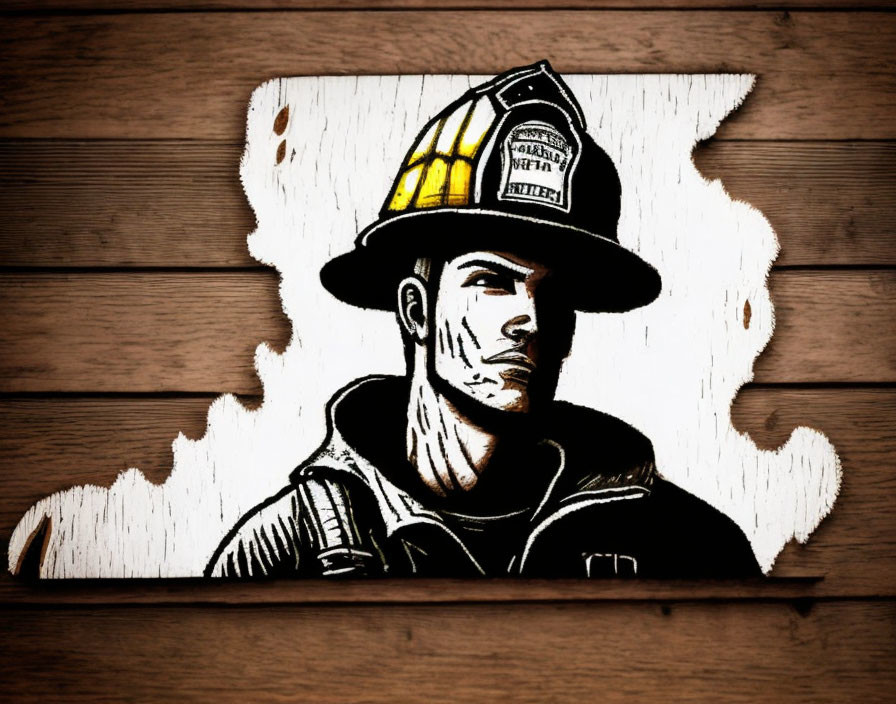 Monochromatic firefighter illustration on wooden plank background