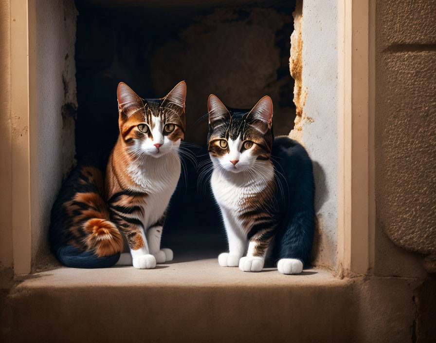 Two cats in a sunlit doorway, one cat looking at the camera.