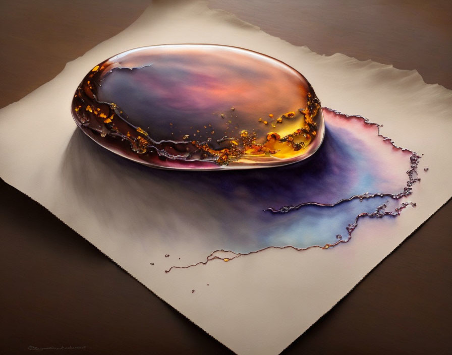 Colorful Oval-Shaped Liquid-Like Object on Paper with Purple and Golden Hues