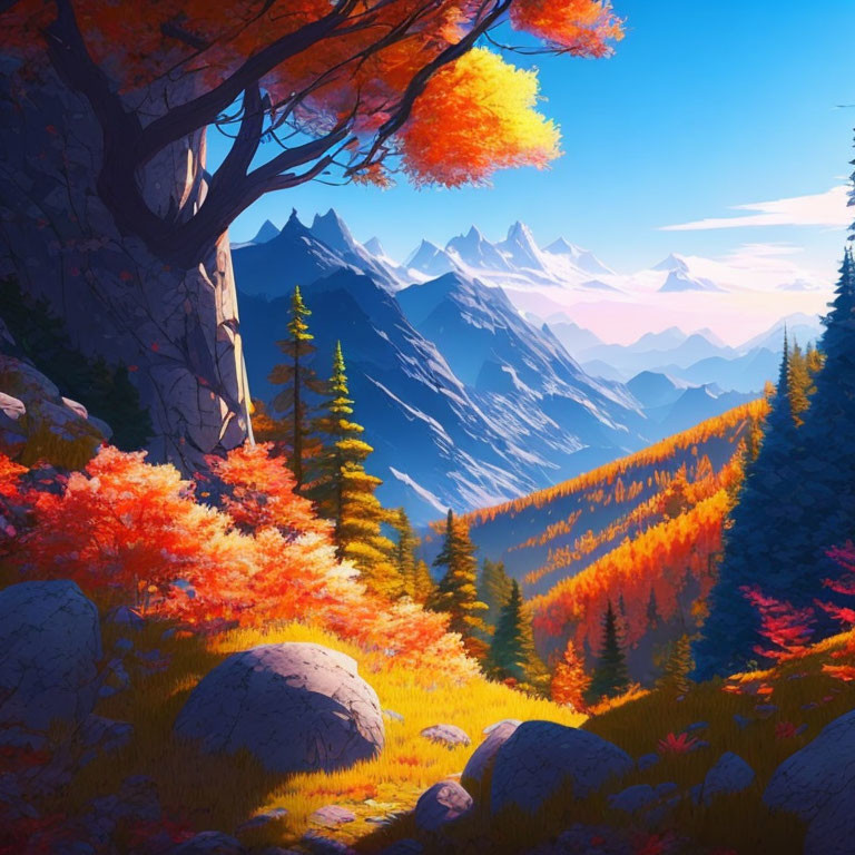 Scenic autumn landscape with fiery foliage and mountains