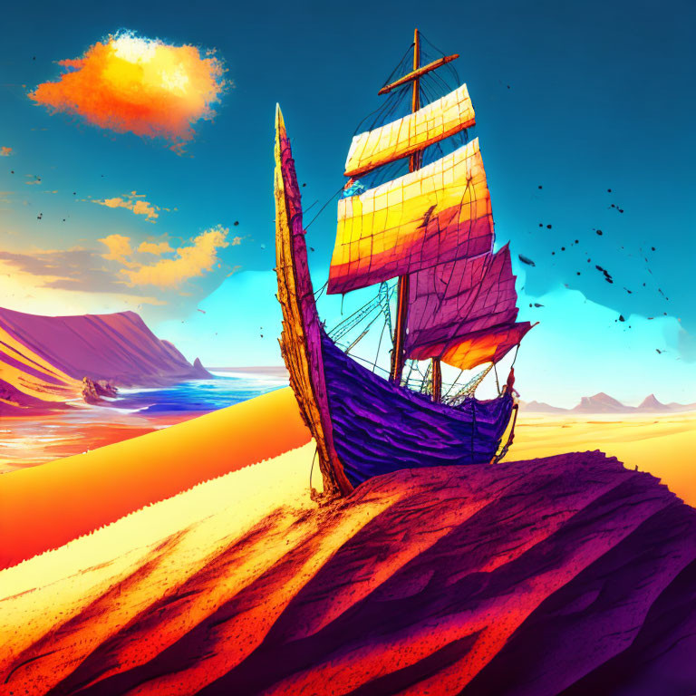 Vibrant shipwreck illustration on desert shore at sunset